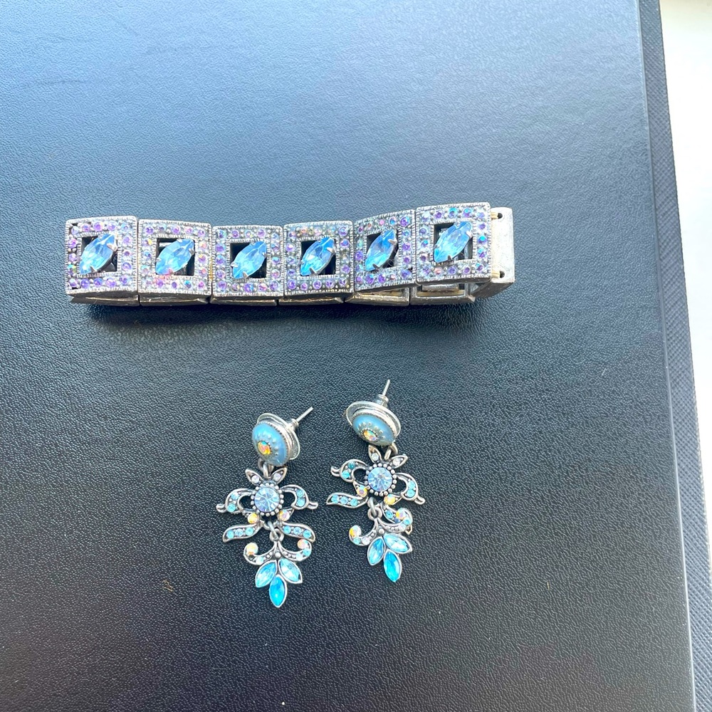 Faux Silver and blue zirconia bracelet and earrings